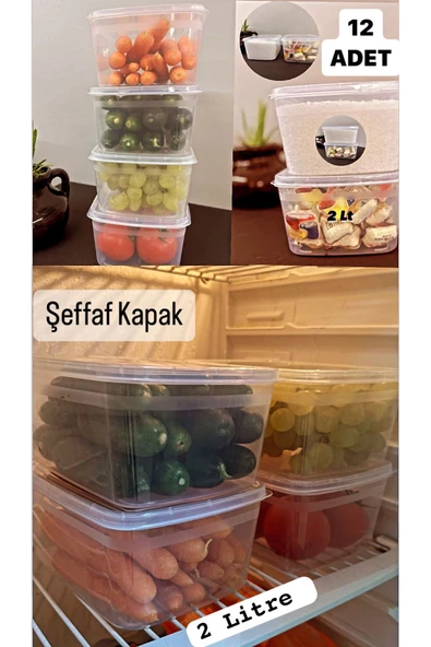 Huge 12 Adet Büyük Boy Saklama Kabı Kapaklı Erzak Taze Sebze Kabı Seti 2 Lt Kapaklı
