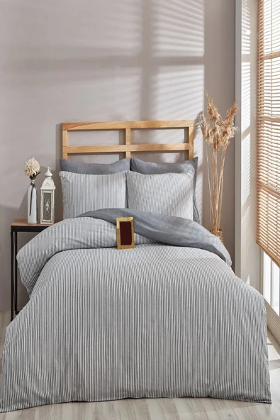 Tek Kişilik Gri Çizgili Lastikli Çarşaflı Nevresim Takımı - Resim 2