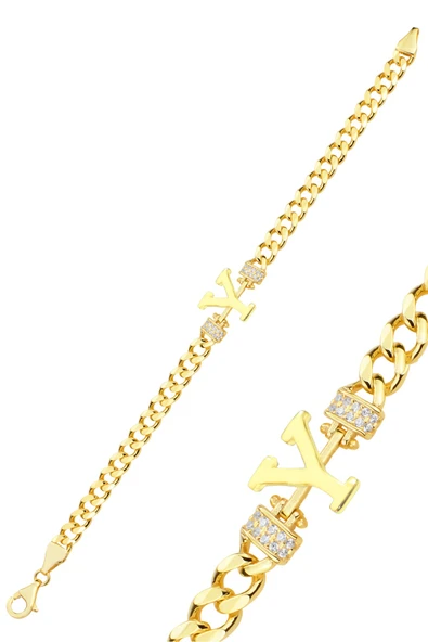 Gümüş altın yaldızlı zirkon taşlı üç boyutlu gurmet zincirli harf bileklik SGTL12300 - Resim 5