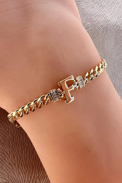 Gümüş altın yaldızlı zirkon taşlı üç boyutlu gurmet zincirli harf bileklik SGTL12300 - Resim 8