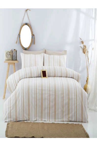 Çift Kişilik Bej Çizgili Lastikli Çarşaflı Nevresim Takımı - Resim 2