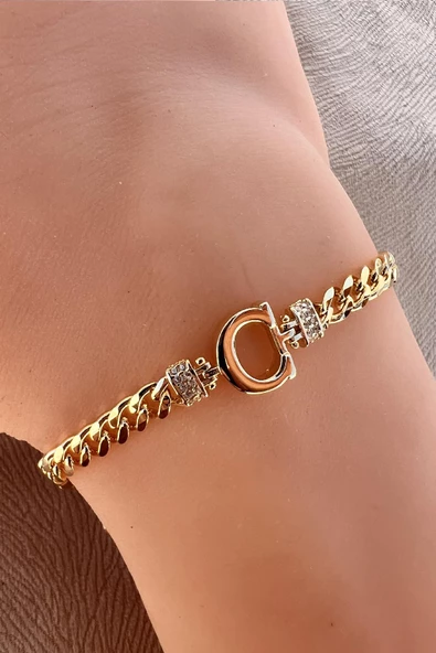 Gümüş altın yaldızlı zirkon taşlı üç boyutlu gurmet zincirli harf bileklik SGTL12300 - Resim 6