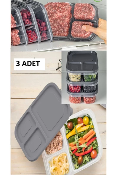 3 Adet Sera 3 Bölmeli Diyet Saklama Kabı Porsiyon Öğünlük Kıyma Sebze Buzluk
