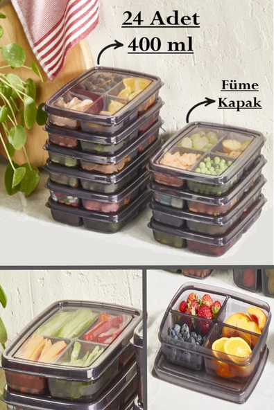 Füme 24 Adet 400 ml 4 Bölmeli Saklama Kabı - Et Sebze Kıyma Buzluk Organizeri