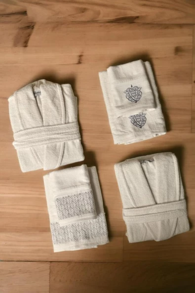 Minteks Silver Krem-Krem 6 Parça Havlulu Bornoz Seti - Aile Banyo Havlu Bornoz Seti - 3