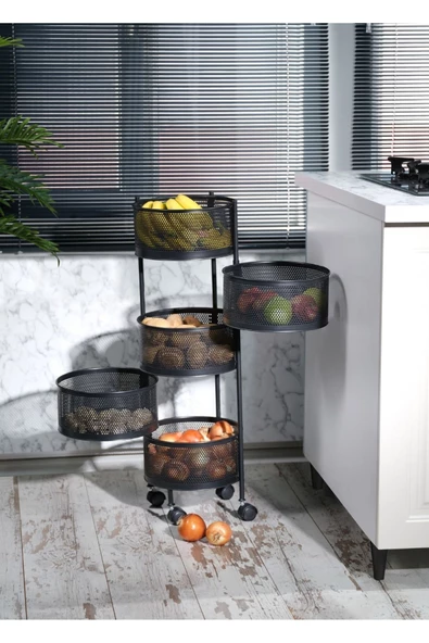 5 Katlı Yana Açılır Salda Siyah Tekerlekli Patates Soğan Sepeti Sebze Meyve Sepeti Sebzelik - Resim 2