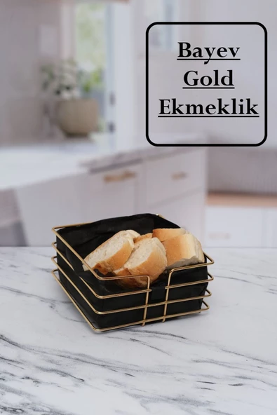 Gold Şeritli Kumaş Kare Ekmeklik Sofra Ekmek Sepeti Meyve Sepetliği Siyah Kumaş - 2