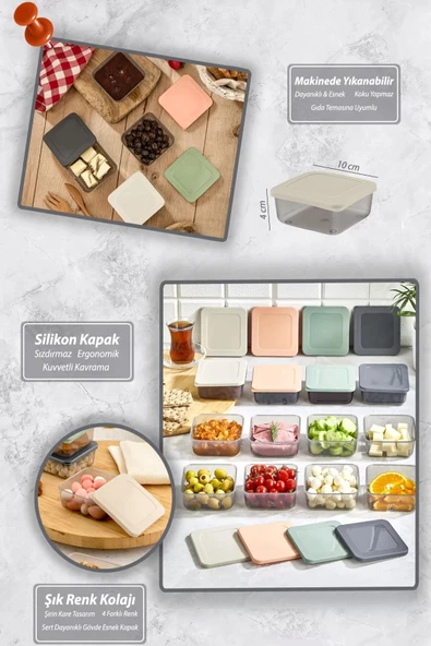 12'li Kare Kahvaltı Seti Sızdırmaz Silikon Kapaklı Erzak Gıda Piknik Saklama Kabı Kahvaltılık - Resim 2