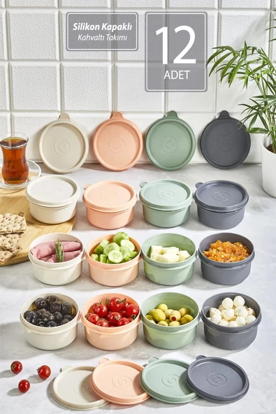 12'li Şirin Kahvaltı Seti Sızdırmaz Silikon Kapaklı Erzak Gıda Piknik Saklama Kabı Kahvaltılık ürün görseli 1