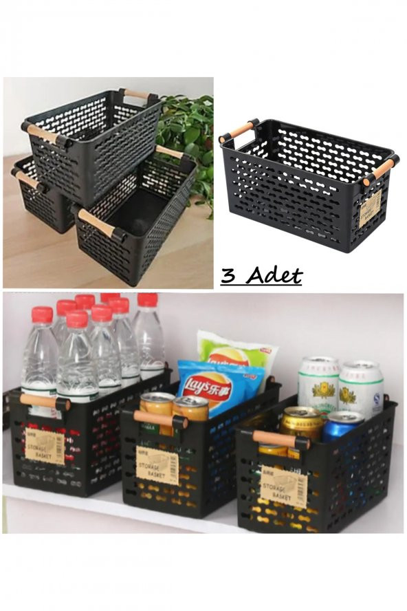 3 Adet Siyah Ahşap Renk Plastik Saplı Organizer Sepet Ekmeklik Sebze Meyve Sepeti ürün görseli