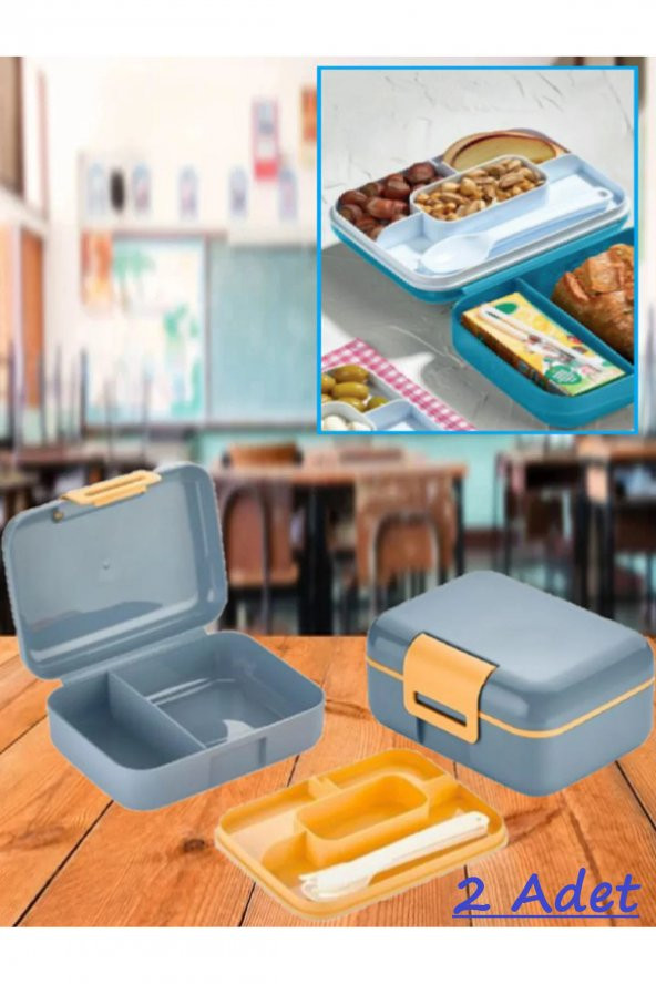 Bayev 2 Adet Mavi Bölmeli Kilitli Beslenme Kutusu Ve Kaşık Seti Çerez Ekmek Okul Saklama Kabı