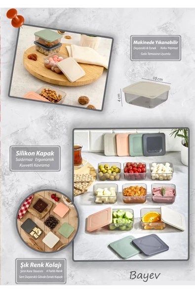 8'li Kare Kahvaltı Seti Sızdırmaz Silikon Kapaklı Erzak Gıda Piknik Saklama Kabı Kahvaltılık - 2