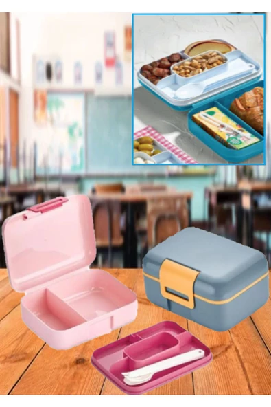 2 Adet (1 MAVİ 1 PEMBE) Katlı Bölmeli Kilitli Beslenme Kutusu Ve Kaşık Seti Çerez Saklama Kabı