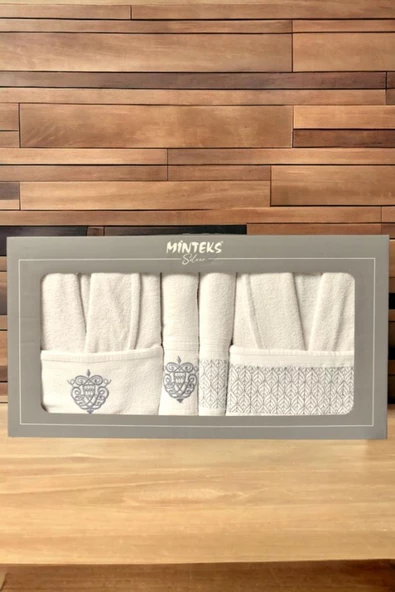 Minteks Silver Krem-Krem 6 Parça Havlulu Bornoz Seti - Aile Banyo Havlu Bornoz Seti - 2
