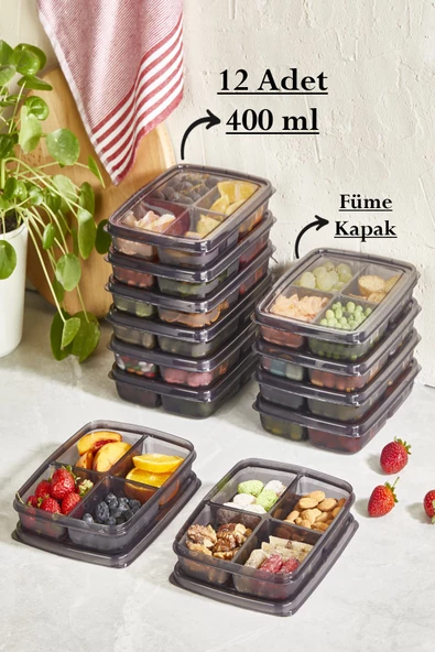 Füme 12 Adet 400 ml Mini Saklama Kabı - 4 Bölmeli Çerezlik Dondurulmuş Et Sebze Buzluk Organizer - Resim 2