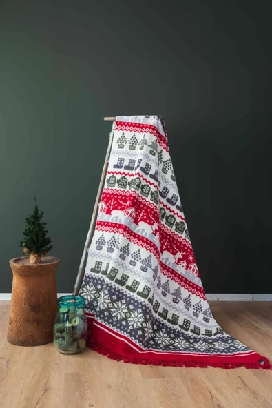 Winter Yeni Yıl Özel Diz Üstü Pamuklu Battaniye 130 X 170 Saçaklı Tv Battaniyesi Kırmızı Yılbaşı - 2