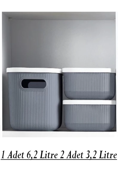 Gri Storage 3 Lü Set 1 Adet 6.2 Lt 2 Adet 3.2 Lt Dolap Düzenleyici Kapaklı Kutu Organizer