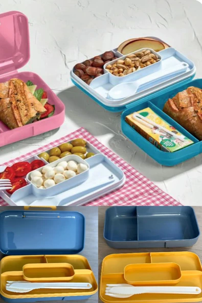 2 Adet Mavi Bölmeli Kilitli Beslenme Kutusu Ve Kaşık Seti Çerez Ekmek Okul Saklama Kabı - 2