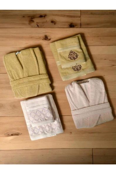 Minteks Silver Bej-Pembe 6 Parça Havlulu Bornoz Seti - Aile Banyo Havlu Bornoz Seti - 3