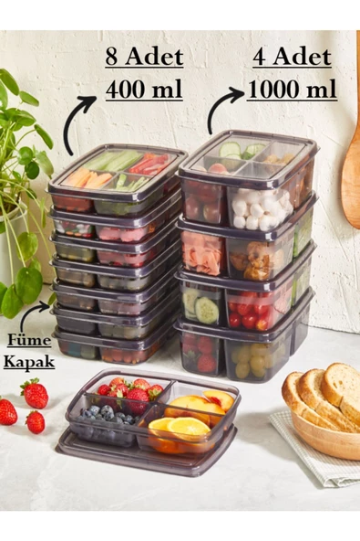 Füme 12'li Saklama Seti 8 4 (8 Adet 100 ml ) (4 ADET 250 ML) 4 Bölmeli Öğünlük Kıyma Saklama Kabı