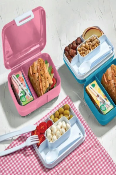 2 Adet (1 MAVİ 1 PEMBE) Katlı Bölmeli Kilitli Beslenme Kutusu Ve Kaşık Seti Çerez Saklama Kabı - 2