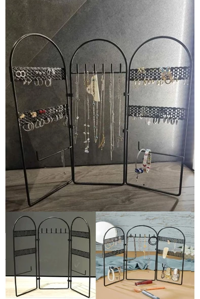 Metal Takı Düzenleyici Küpe Organizeri Dekoratif Takı Standı 3 Parça Kolye Yüzük Küpelik - 2