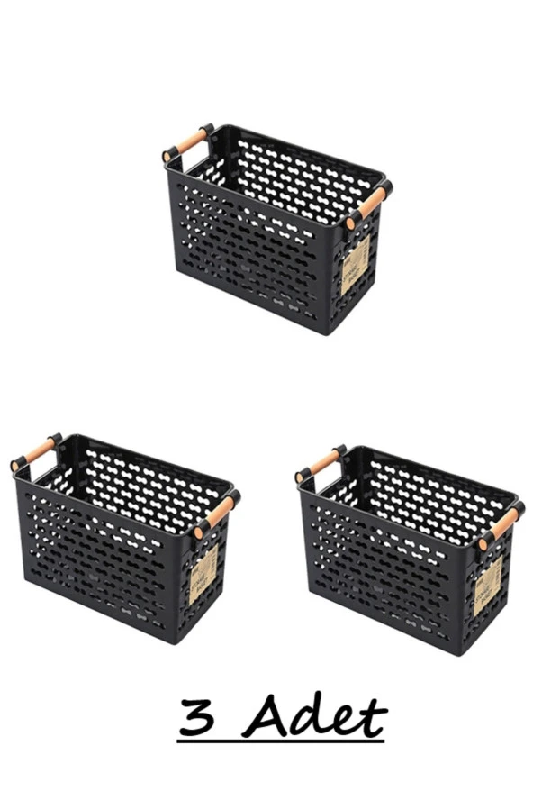 3 Adet Siyah Ahşap Renk Plastik Saplı Organizer Sepet Ekmeklik Sebze Meyve Sepeti - Resim 3