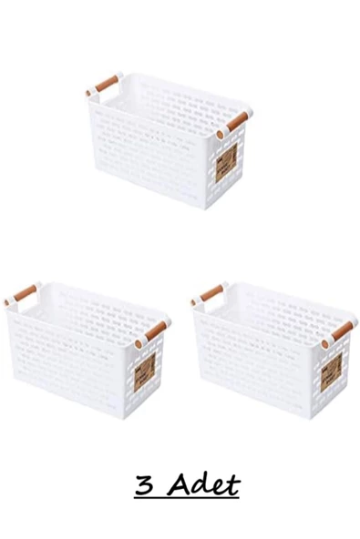 3 Adet Beyaz Ahşap Renk Plastik Saplı Organizer Sepet Ekmeklik Sebze Meyve Sepeti - 3