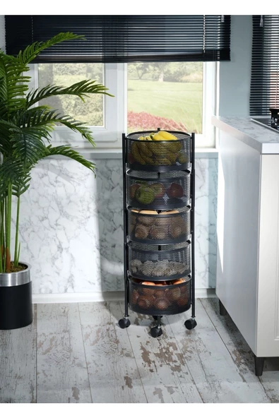 5 Katlı Yana Açılır Salda Siyah Tekerlekli Patates Soğan Sepeti Sebze Meyve Sepeti Sebzelik - Resim 3