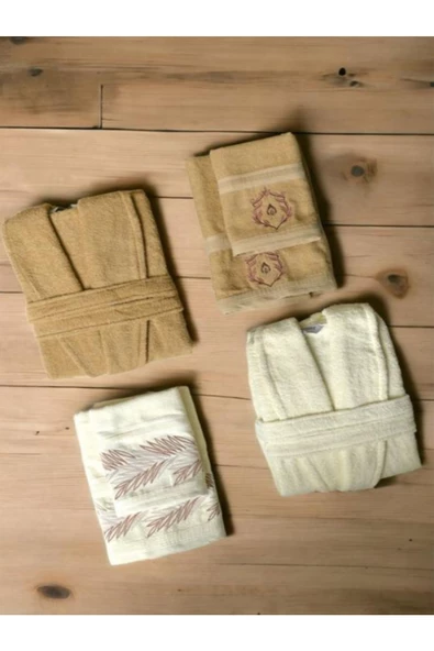 Minteks Silver Krem-Bej 6 Parça Havlulu Bornoz Seti - Aile Banyo Havlu Bornoz Seti - 3