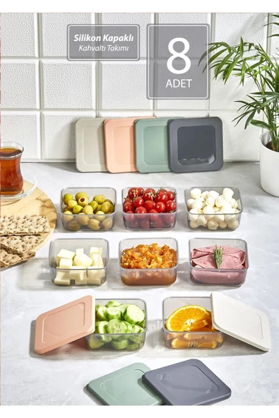 8'li Kare Kahvaltı Seti Sızdırmaz Silikon Kapaklı Erzak Gıda Piknik Saklama Kabı Kahvaltılık