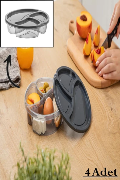 4 Adet Ak545 Oval Bölmeli Saklama Kabı Beslenme Kutusu Buzdolabı Kahvaltılık Kapaklı Çerezlik