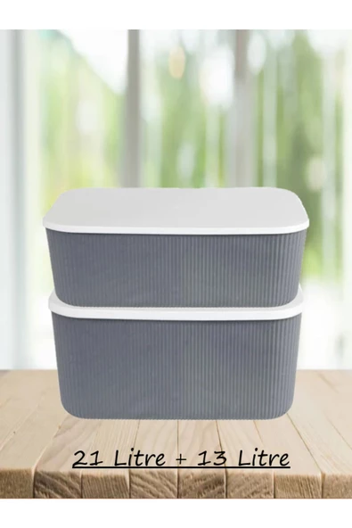 2 Li Saklama Kabı Seti Storage Set Gri 1 13 Litre 21 Litre Storage Dolap Düzenleyici Kapaklı Kutu - 2
