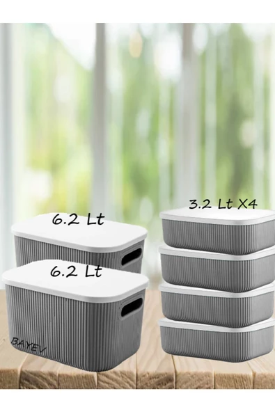 6 Parça Gri Set 2 Adet 6.2 Lt 4 Adet 3.2 Lt Storage Dolap Düzenleyici Kapaklı Çorağ Kemer Kutusu - Resim 2