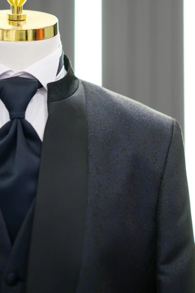 Hakim Yaka Desenli Simli Yelekli Flarlı Siyah Pantolon Kombinli Slimfit Smokin Takım Elbise - 3