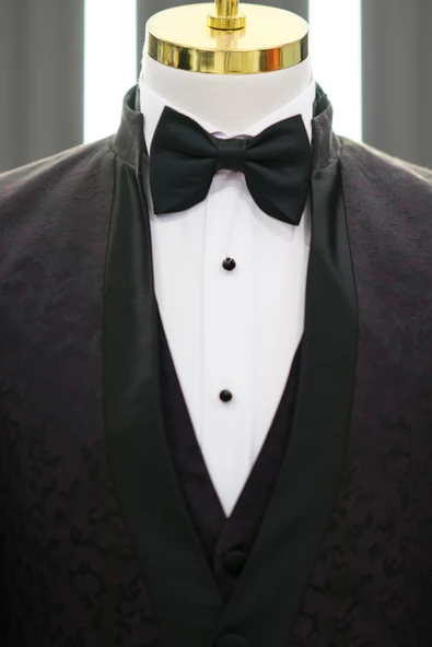 Hakim Yaka Şal Desenli Slimfit Yelekli Papyonlu Siyah Pantolon Kombinli Smokin Takım Elbise - 4