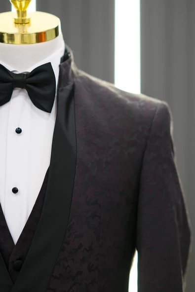 Hakim Yaka Şal Desenli Slimfit Yelekli Papyonlu Siyah Pantolon Kombinli Smokin Takım Elbise - 3