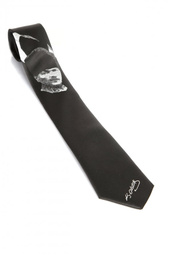 Atatürk ve İmza Desenli Dokuma Siyah Kravat - AK-13