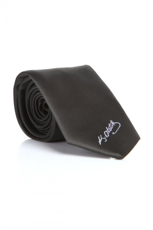 Atatürk İmza Desenli Dokuma Siyah Kravat - AK-18 ürün görseli