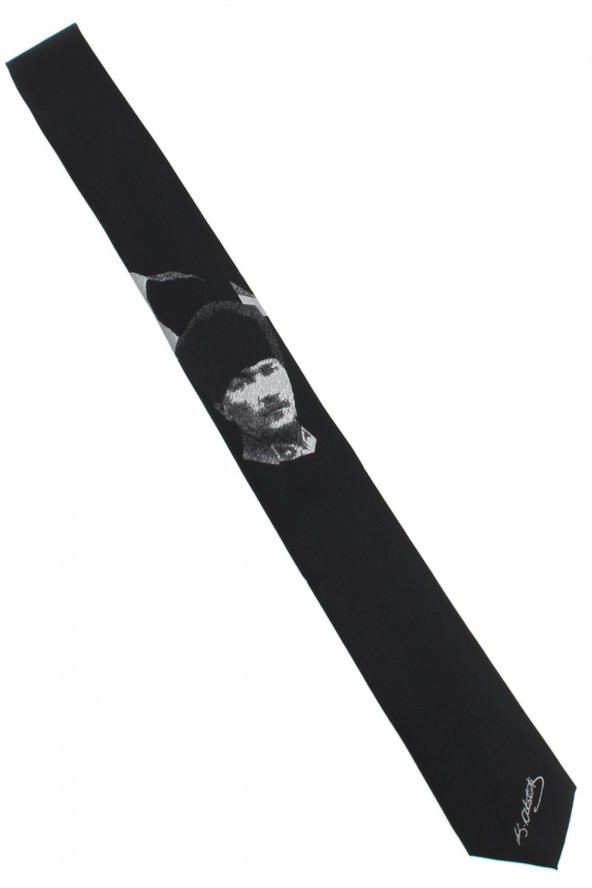 Atatürk ve İmza Desenli Dokuma Siyah Kravat - AK-13