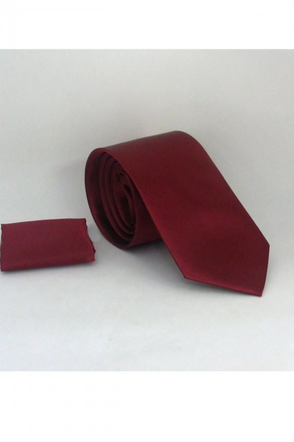 Bordo Klasik Düz Renk Mendilli Saten Kravat - KS-09 ürün görseli