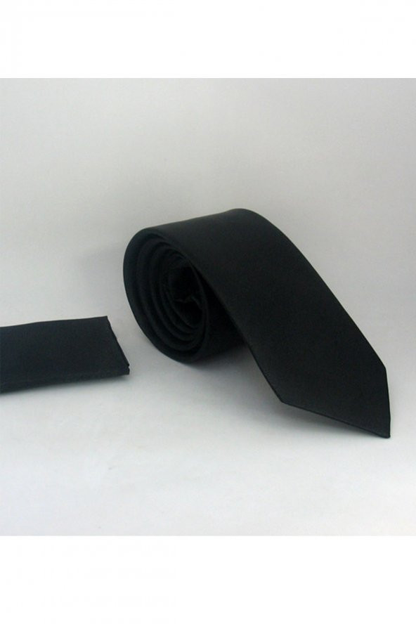 Siyah Klasik Düz Renk Mendilli Saten Kravat - KS-01 ürün görseli