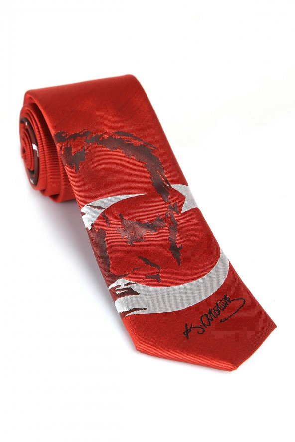 Ay-Yıldız ve Atatürk Desenli Dokuma Kırmızı Kravat - AK-06 ürün görseli