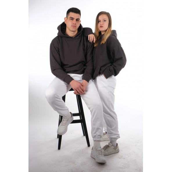 Unisex Oversize 3 Iplik Şardonlu Kapüşonlu Hoodie Sweatshirt / Antrasit