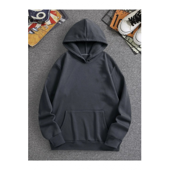 3 Iplik Şardonlu Kapüşonlu Hoodie Sweatshirt / Antrasit