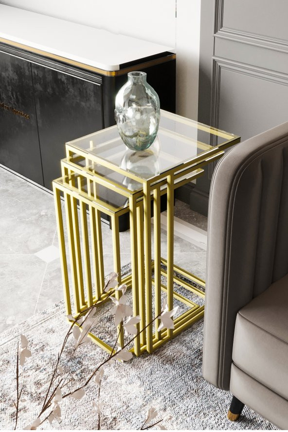 Mira 3lü Zigon Sehpa C Sehpa - Yan Sehpa Gold Şeffaf Cam - 1