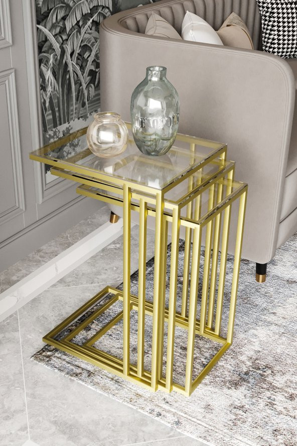 Mira 3lü Zigon Sehpa C Sehpa - Yan Sehpa Gold Şeffaf Cam - 2