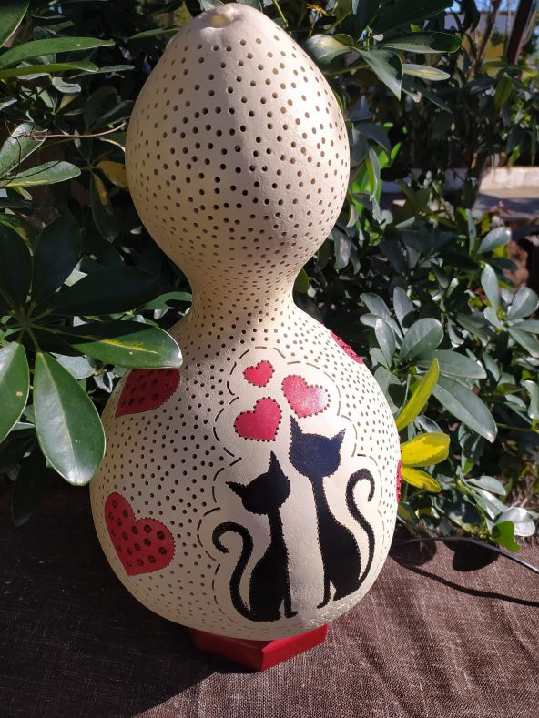 Kalpli Aşık Kediler Desenli Su Kabağı Lamba - 3