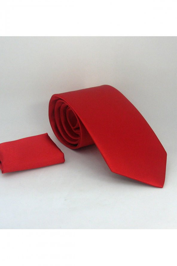 Kırmızı Klasik Düz Renk Mendilli Saten Kravat - KS-02 ürün görseli