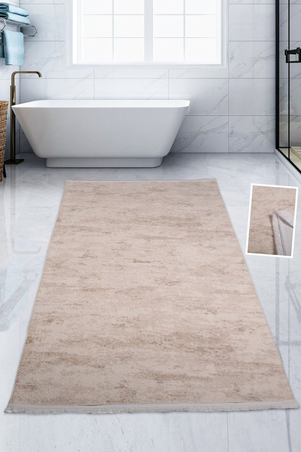 Bonny Home Nova Krem 100x200 cm Pamuk Kaymaz Taban Peluş Banyo Paspası Büyük Püsküllü Banyo Halısı